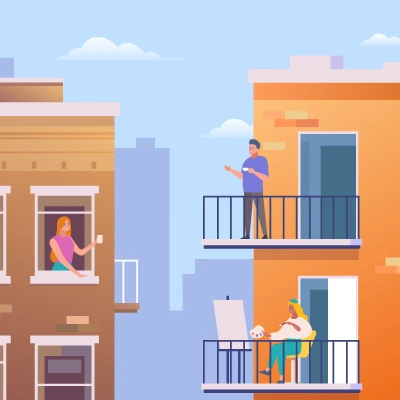 Image montrant deux appartements dont les locataires sont sur le balcon. Avec respect. Image montrant deux appartements dont les locataires sont sur le balcon. Avec respect.