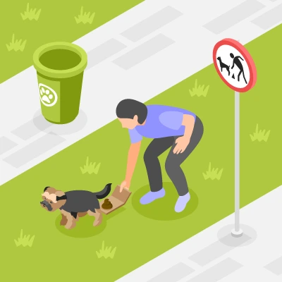 Personne qui Ramasse des excréments de chien sur la voie publique et un panneau signalant qu'il est interdit de laisser les excréments Personne qui Ramasse des excréments de chien sur la voie publique et un panneau signalant qu'il est interdit de laisser les excréments