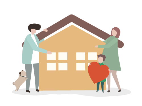Maison avec couple et enfant tenant un coeur. un chien les accompagne