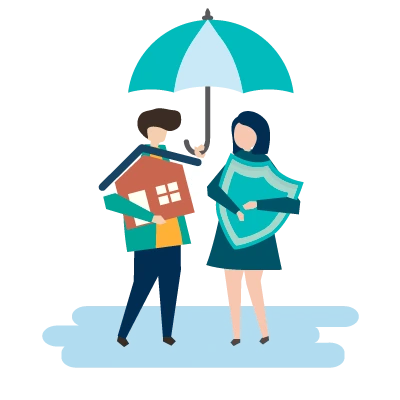 Deux personnes sous un parapluie et qui portent une maison et un bouclier pour se faire face aux soucis qui peuvent apporter au logement Deux personnes sous un parapluie et qui portent une maison et un bouclier pour se faire face aux soucis qui peuvent apporter au logement